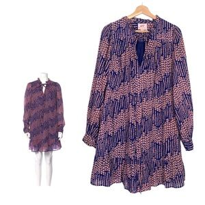 Banjanan Ruffle Tie Neck Long Sleeve Dress Size Medium Blue And Pink